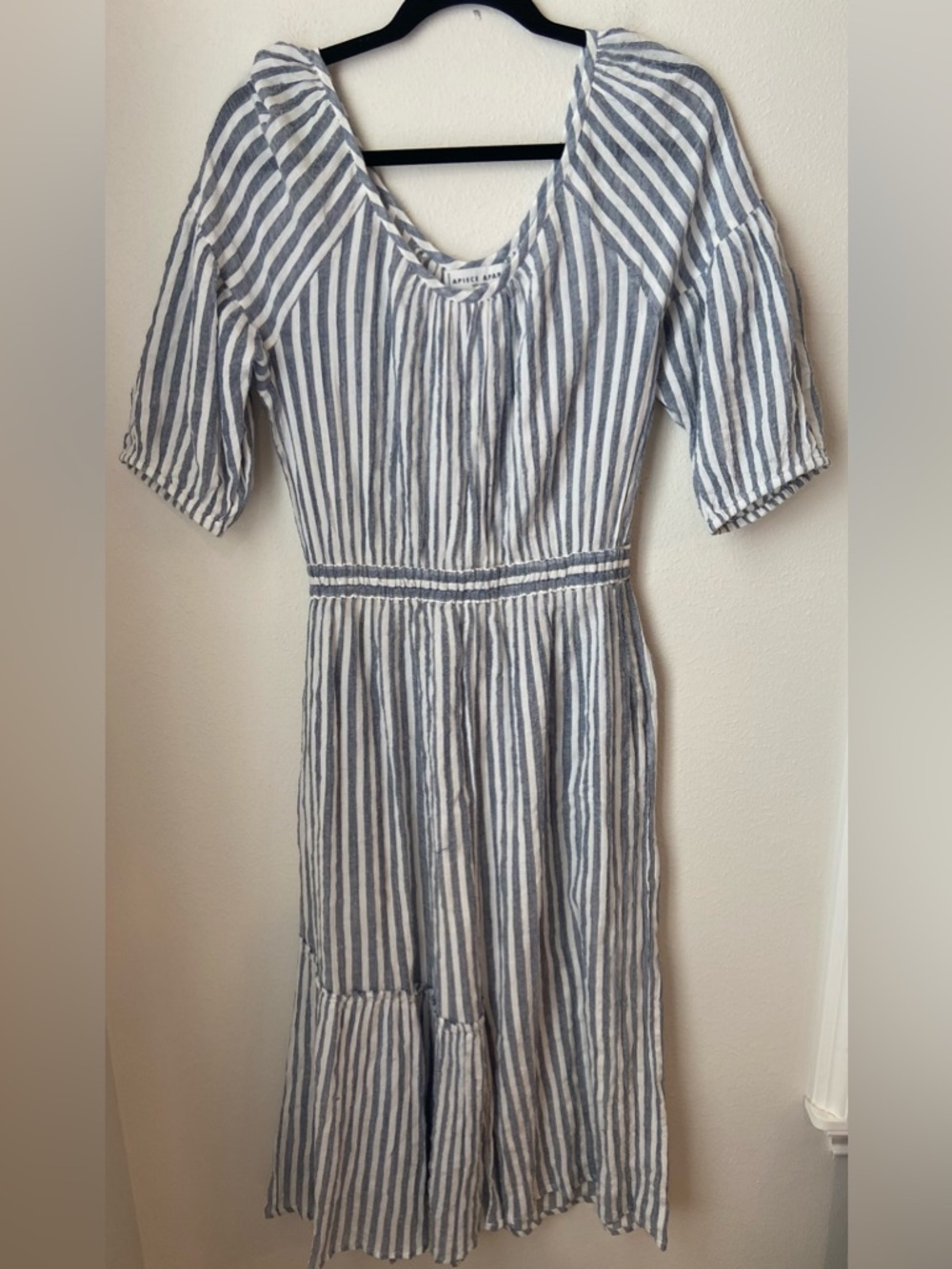 Apiece Apart Blue White Stripe Cotton Midi Dress Puff Sleeve Size 4